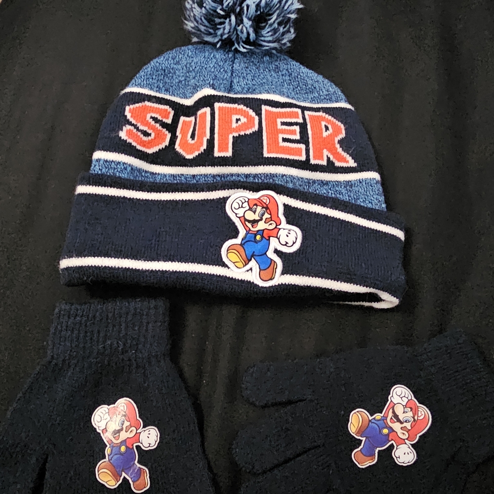 Super MARIO Kids Blue Winter Hat and Gloves Set